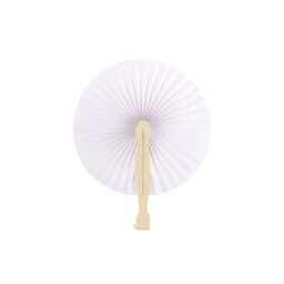A round plastic paper fan in white with a cream handle, featuring a pleated design.