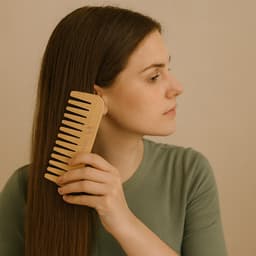 A bamboo comb held by a woman with long, straight hair, set against a neutral background.