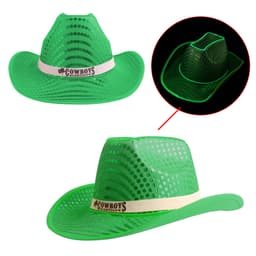 A green light-up sequin cowboy hat with mesh details and a white band, featuring a logo.