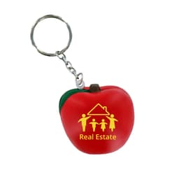 A red apple-shaped stress reliever keyring with a green leaf and a keychain attachment. It features a logo.