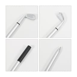 A golf-themed pen featuring a silver club head, black textured grip, and a fine point tip. Branding is present.
