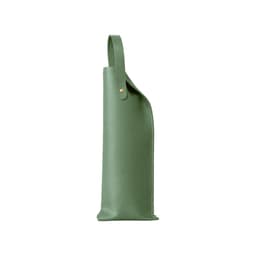 A drink bottle bag in elegant green PU leather with a decorative handle and a gold-tone snap button.