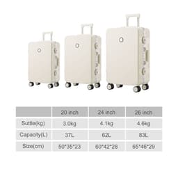 A set of three cream ribbed ABS suitcases with wheels in different sizes, featuring a logo.