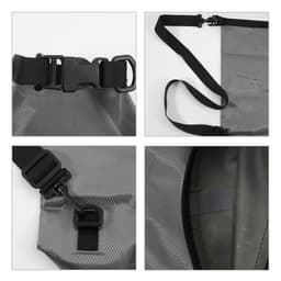 A grey Oxford cloth dry bag featuring adjustable straps and buckles, showcasing its durable material and design details.