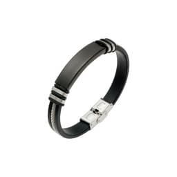 A black and silver bracelet with a buckle latch and decorative detailing, featuring a metallic logo.