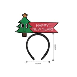 A glossy coated headband featuring a Christmas tree design and a red banner that reads "Happy New Year!"
