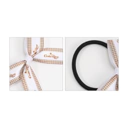 Elastic hair bows in a checkered pattern with a white ribbon and a black elastic band, featuring a small logo.