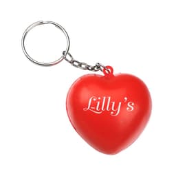 A red heart-shaped stress reliever keyring with a metal chain and a logo.