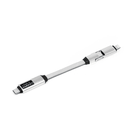 A 100W 3-in-1 aluminium charging cable in silver, featuring a digital display and various connectors.