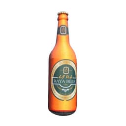 An inflatable beer bottle in orange and gold, featuring a logo on the label.