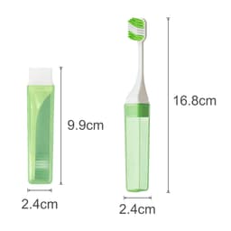 A green square foldable handle toothbrush with a protective case, measuring 16.8cm in length.
