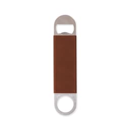 A drink bottle opener featuring a stainless steel end and a brown leather grip, with a logo on the leather.