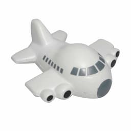 A white aircraft-shaped stress reliever with grey detailing, featuring multiple engines and a rounded nose.