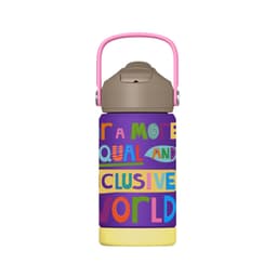 A drink bottle with a purple body, a beige cap, and a pink handle featuring colourful text designs.