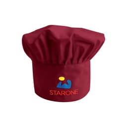 A maroon adult chef hat with a gathered top and a logo embroidered on the front.