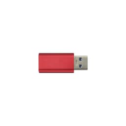 A red USB data blocker device with a metallic finish and blue connectors. It has a simple, sleek design.
