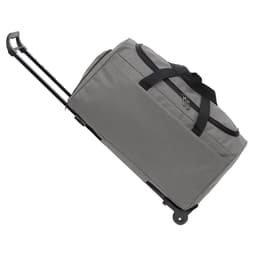 A wheeled duffel bag in grey, featuring a telescopic handle and reinforced straps. It has a logo on the side.
