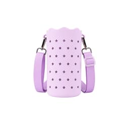 A drink bottle bag in lilac with star cut-outs, featuring a purple strap and a logo.
