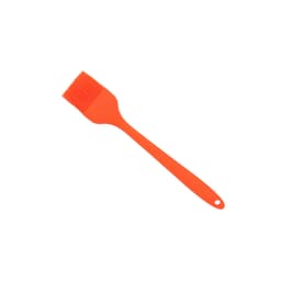 An orange silicone pastry brush with a long handle and grooved bristles. It features a hanging hole for storage.