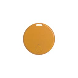 A round, yellow anti-loss smart tag featuring a small indicator light and a hole for attachment.