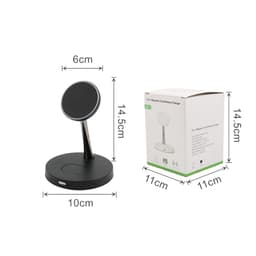 A black MagSafe 2-in-1 wireless charger with a magnetic charging pad and a compact stand, next to its packaging.