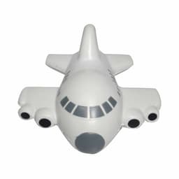 A white aircraft-shaped stress reliever with grey accents and black details. It features three engines and a logo.