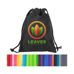 A black drawstring bag containing a variety of fabric swatches in multiple colours, including vibrant shades of pink, green, and purple.