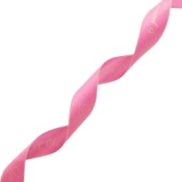 A pink ribbon with gold edges and elegant writing, featuring a branding logo.