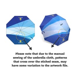 A full colour golf umbrella featuring shades of blue with a logo and a stitched seam design.