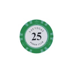 A green poker chip featuring a white centre with the number 25 and poker club details. It has a branding logo.
