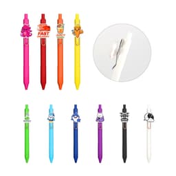 A collection of custom acrylic pens in various colours, each featuring unique clip designs and logos.