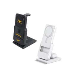 A black and a white charging station, featuring wireless charging pads and a logo, in a sleek design.