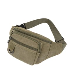A khaki canvas waist bag featuring multiple zippered pockets and an adjustable strap. It has a logo on the side.