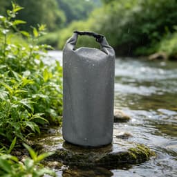 A grey Oxford cloth dry bag stands on a rock in a stream, with droplets of water on its surface and greenery in the background.