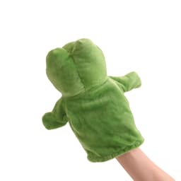 A green plush frog hand puppet with a soft texture and outstretched arms.