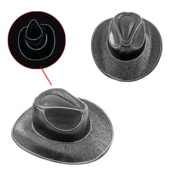 Light up cowboy hats in black with illuminated edges, featuring a classic cowboy hat design and a logo.