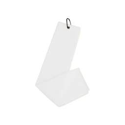 A white waffle golf towel with a hanging clip, featuring a textured fabric design.