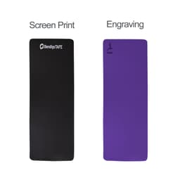 Two yoga mats, one in black with a logo and the other in purple, showcasing different printing options.