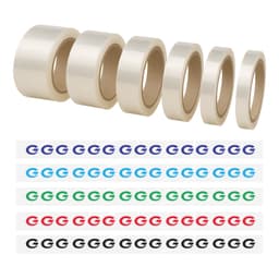 A collection of clear BOPP packing tape rolls in various sizes, alongside colour-coded printed tape in red, blue, green, and black.