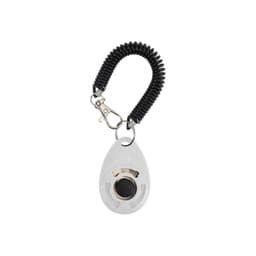 A training clicker in white with a black coiled lanyard and a metal clasp for attachment.