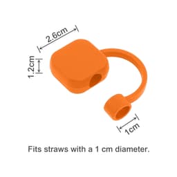 An orange square silicone straw cover with a loop attachment, measuring 2.6cm by 1.2cm.