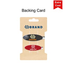 A backing card with two oval acrylic hair clips, one black and one red, featuring logos.