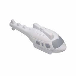A white helicopter-shaped stress reliever with grey details and a small branding logo.