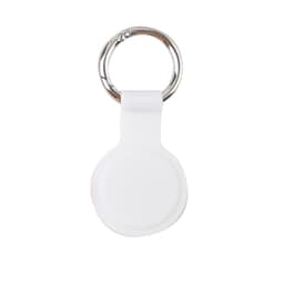 A white protective case for an Air Tag, featuring a metal keyring for attachment.