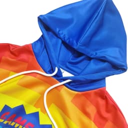 A vibrant unisex hoodie featuring a blue hood and a colourful gradient design in orange and yellow, with a logo.