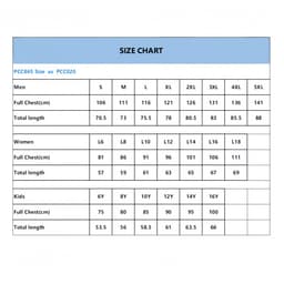 A size chart displaying measurements for men's, women's, and kids' T-shirt sizes, including chest and total lengths.