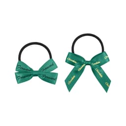 Two elastic hair bows in green with black hair ties, featuring decorative bows. One bow includes text.