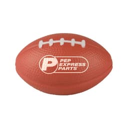 An orange rugby-shaped stress reliever with white detailing and a logo.