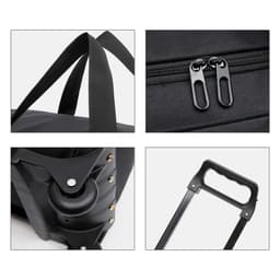 A black wheeled duffel bag featuring zip closures, handle, and wheels for easy transport. Includes branding details.