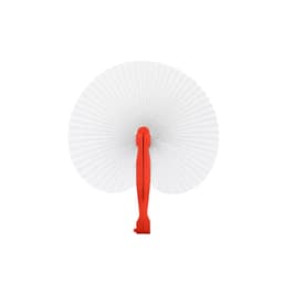 A peach-shaped plastic paper fan featuring a red handle and a white fan surface. It has a logo on the handle.